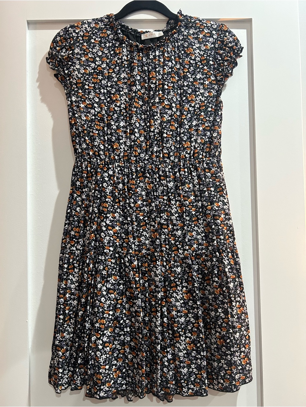 Women’s Black Floral Fit-and-Flare Dress with Orange Accents